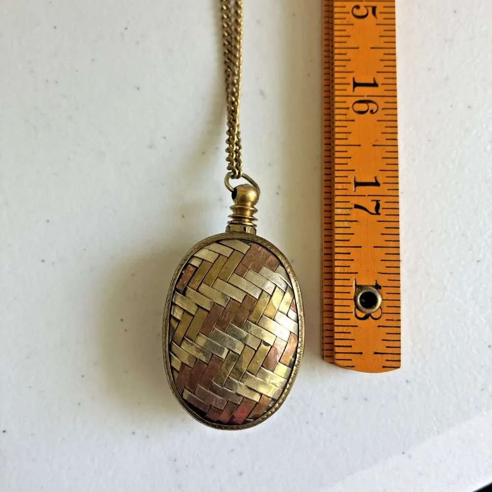 Vintage Perfume Bottle Necklace Pendant Chatelaine Woven Mixed Metal Flask 1.6oz